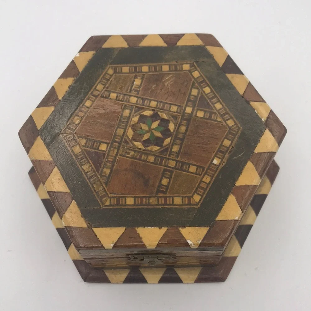 VTG Hexagonal Trinket Box w/ Wood Inlay Made in Granada Spain
